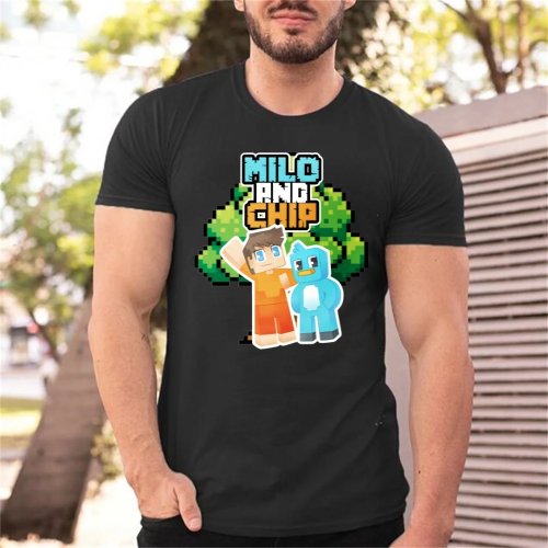 Milo & Chip Pixel Art T-shirt — zacht en ademend, casual top voor feest, school en als vakantiecadeau