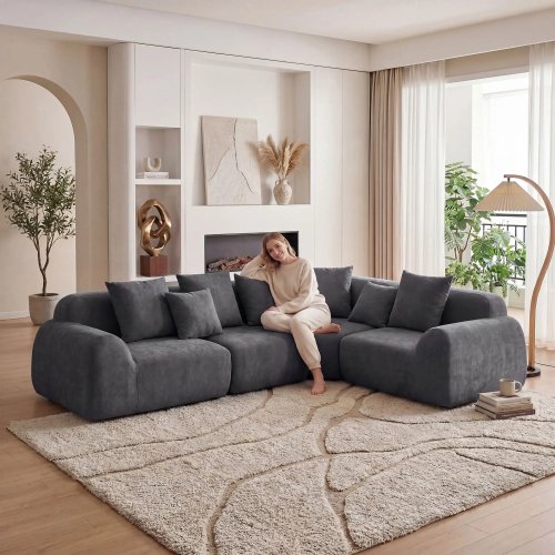 Canapé d'angle modulable surdimensionné en velours effet 'cloud' 300 cm, méridienne carrée sans accoudoir, garnissage en mousse à mémoire compressée