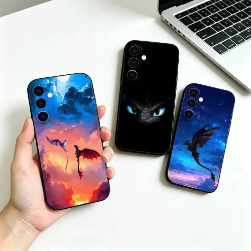 Capa em silicone macio com design cartoon 'Toothless' dragão preto para Samsung Galaxy A73/A72/A70/A53/A52/A51