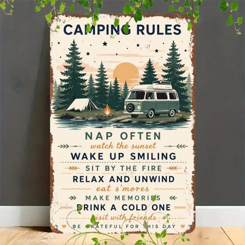 Retro Blechschild ‚Camping Rules‘ — flaches Vintage-Wandschild 2D für Zuhause, Garage, Café, Bar & Garten