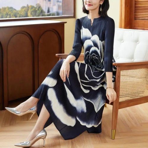 Elegantes Pfingstrosen-Blumen-Maxikleid für Damen, 3/4-Ärmel, lockere Passform