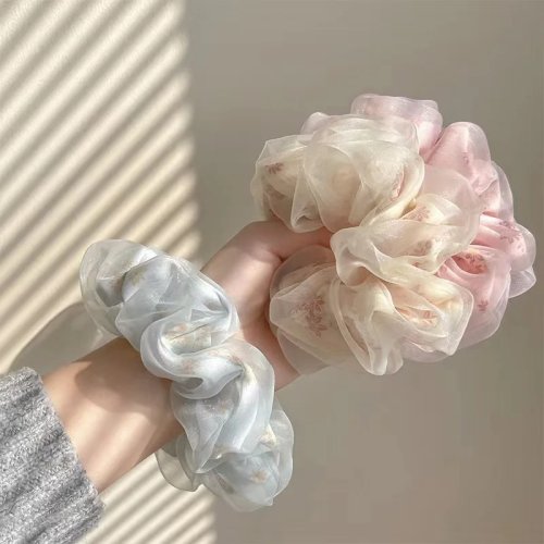 Coletero Scrunchie estilo francés de malla doble para moño grande, lazo de tela con flores para niñas
