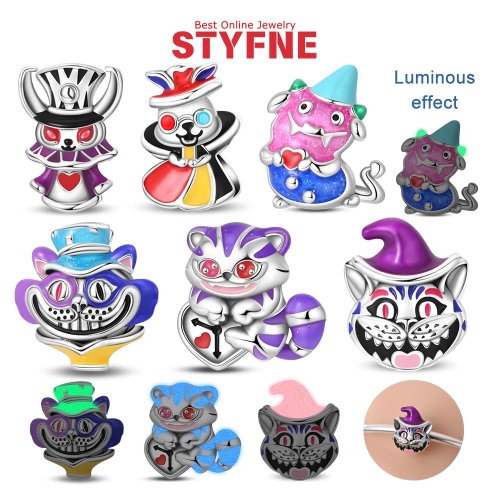Hạt/charm mèo Mad Hatter mạ bạc — phù hợp vòng tay, túi và móc khóa; mặt dây DIY, quà tặng cho nữ