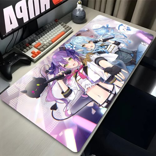 Mousepad meja XXL Kawaii biru es – karakter anime setengah elf rambut putih, tebal, karet anti selip, tepi jahit, hadiah lucu
