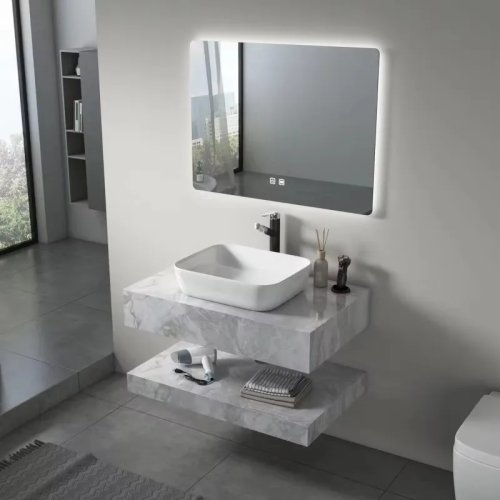 Mueble de baño moderno con espejo inteligente, lavabo cerámico y mueble suspendido impermeable — para hotel, villa y hogar
