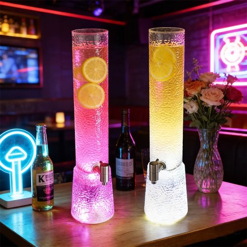 LED-verlichte wijn- en drankendispenser in vatstijl — draft keg voor bier, sapdispenser en cocktailstandaard, decoratie voor thuis