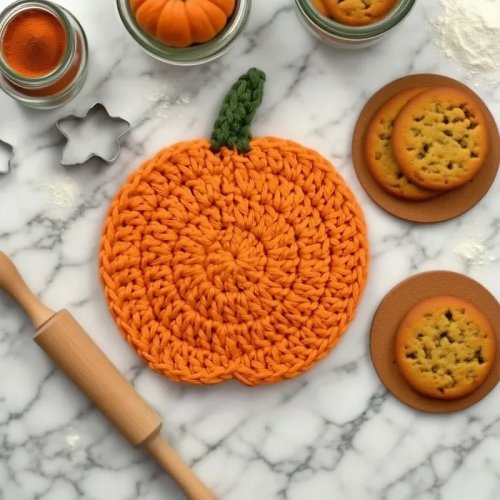 4er-Set runde, gestrickte Untersetzer in Kürbisform – herbstliche Tischdeko, saugfähig