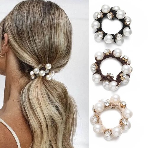 Élastique cheveux perles fantaisie et cristaux — attache queue-de-cheval strassée pour femme