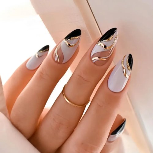 24 pz. Uñas Postizas Press-On estilo French, forma almendra, cobertura total con brillo, diseño veraniego