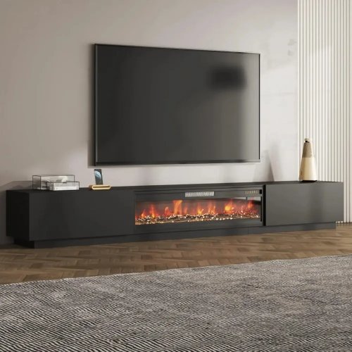 109-inch electric fireplace TV stand for 100+ inch TVs — extra-wide entertainment center with 46-inch fireplace insert, customizable