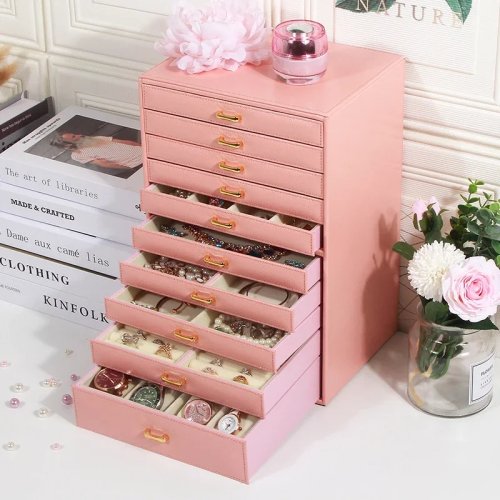 Hộp đựng trang sức cao cấp bằng da thật, dung tích lớn 10 tầng, hộp/organizer trang sức và mỹ phẩm, quà tặng cho nữ