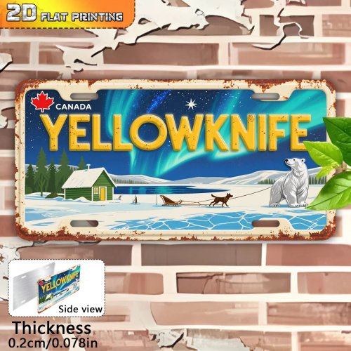Placa metálica vintage estilo matrícula «Yellowknife, Canadá – Aurora Boreal» — Decoração de parede retro para casa e bar