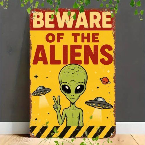 ป้ายโลหะแบน 2D สไตล์เรโทรวินเทจ ป้ายติดผนัง UFO เอเลี่ยน เหมาะสำหรับตกแต่งบ้าน โรงรถ คาเฟ่ บาร์ และสวน