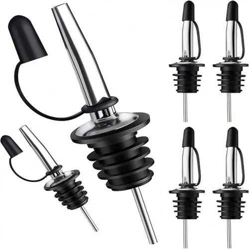 Lot de 6 becs verseurs en inox avec capuchons anti-poussière – Pour spiritueux et huile d'olive (argent)