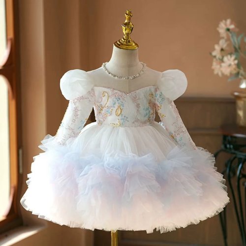 Witte Glitter Prinsessenjurk voor Peuter, Knielang, Lange Mouwen, Verjaardagsfeestjurk