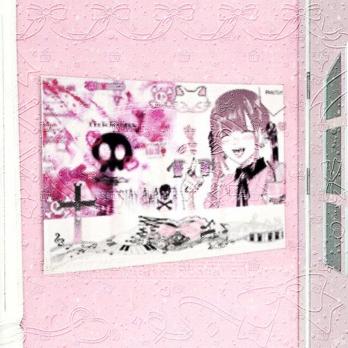 Tapiz de pared Goth Yume Kawaii rosa: escena anime con chica inquietante, calaveras y máscara de gato, decoración de habitación pastel grunge