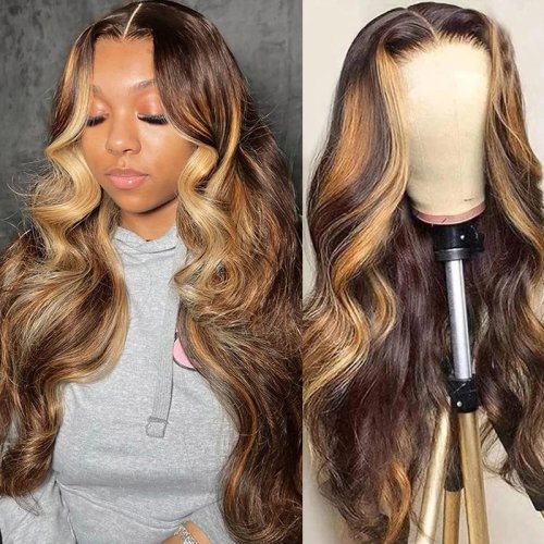 شعر مستعار 34 بوصة Body Wave Highlight شعر بشري أشقر عسلي 4/27 13x6 دانتيل أمامي للنساء Pre Plucked كثافة 180
