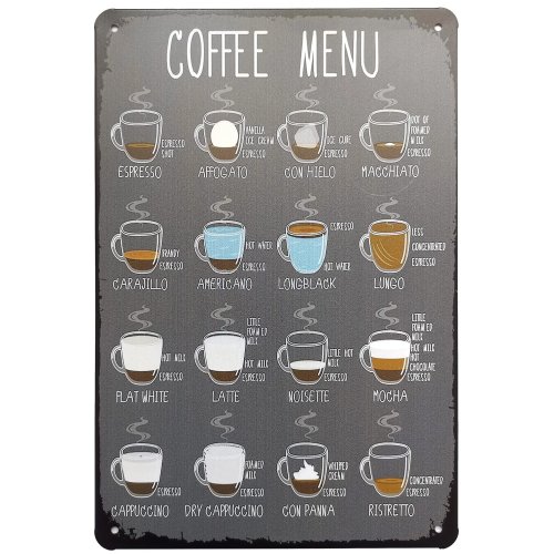 Targa in metallo «Coffee Bar» – Decorazione da parete con menù caffè per cucina e angolo caffè