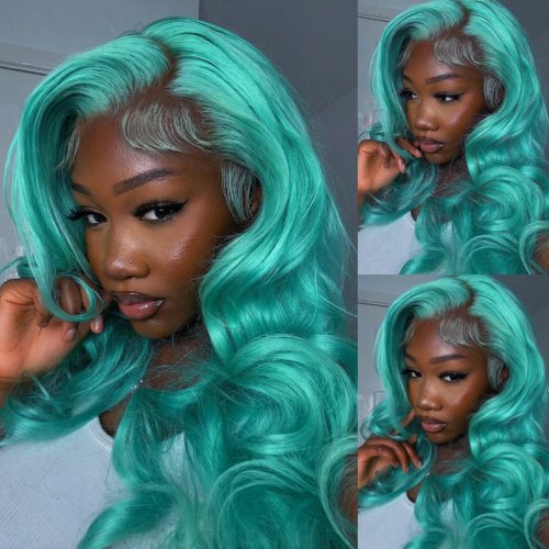 Tóc giả Lace Front 13x6 Xanh Cyan Body Wave với Điểm Nhấn Xanh Nhạt - Tóc Thật Pre-Plucked 613 Vàng Lace Frontal Wig Cho Nữ