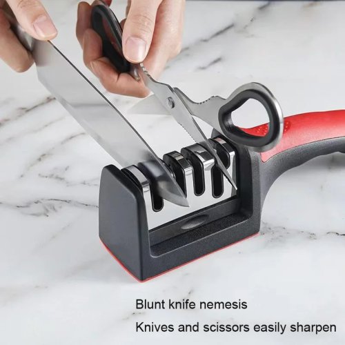Pedra de Afiar 4 Estágios em Aço de Tungsténio Vermelho com Base Antiderrapante – Afiador Manual Rápido para Facas de Cozinha