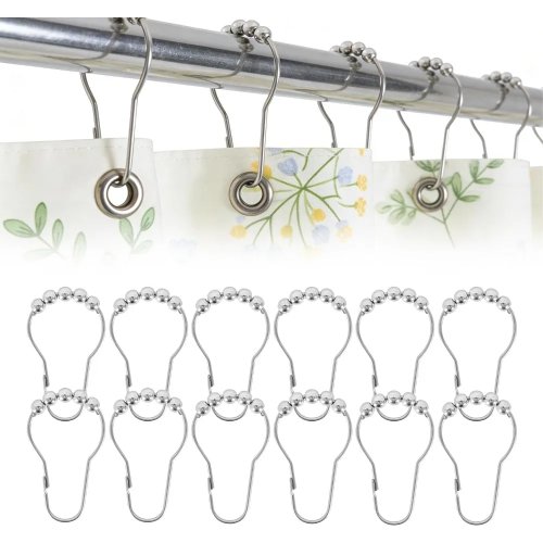 12 Crochets de Rideau de Douche Inoxydables pour Barres de Douche, Argent