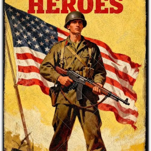 KIYOYO レトロ ブリキ看板『Heroes Defend Freedom』(Veterans Day) — ガレージ・男の隠れ家・コーヒーバー用壁飾り 30×20cm