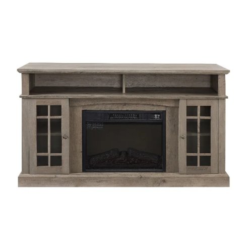 Mueble TV clásico con inserto de chimenea eléctrica de 23 pulgadas para TV hasta 65 pulgadas, almacenamiento abierto y cerrado, acabado gris lavado, 148×40×81 cm