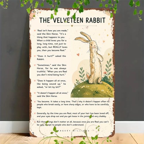 Cartel metálico retro 2D con cita 'The Velveteen Rabbit' — placa decorativa para casa, garaje, cafetería, bar y jardín