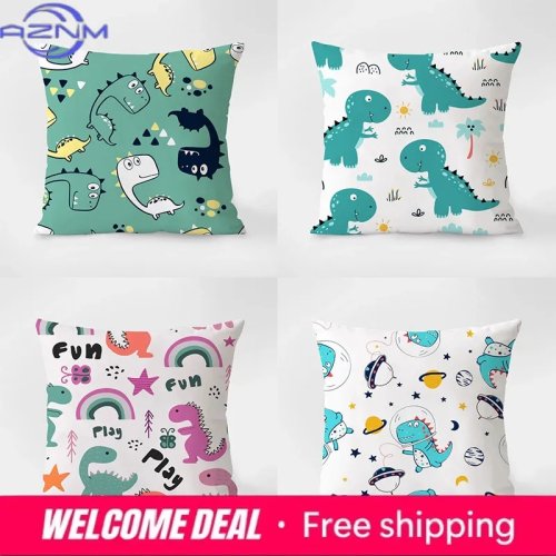 Sarung bantal dekorasi motif dinosaurus kartun — untuk sofa, ruang tamu & kantor