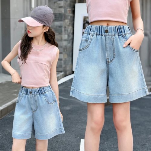 Girls' Summer Denim Shorts — Light Blue Washed Rolled-Hem Jeans with Pockets, Sizes 6-14