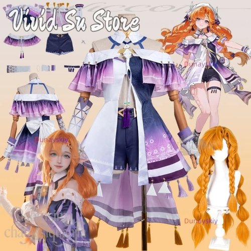 Disfraz cosplay SIGRIKA Wuthering Waves — Vestido ombré morado hombros descubiertos + peluca naranja
