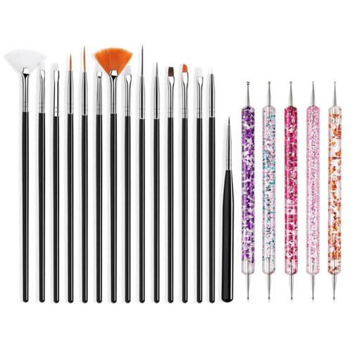 Set van 20 zwarte nagelkwasten – penselen voor gel/gelnagellak, lijnerkwast en dotting-pen voor DIY-manicure of salon