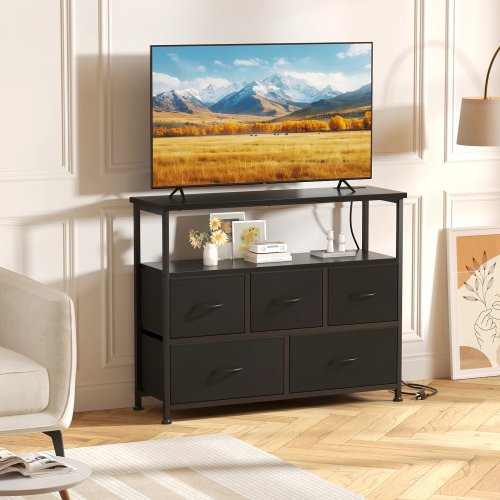 JHK TV-Board mit Ladestation – Kompaktes Mediaboard mit offenen Fächern und Schubladen mit Stofffront, Aufbewahrungsschränkchen für Schlafzimmer & Wohnzimmer