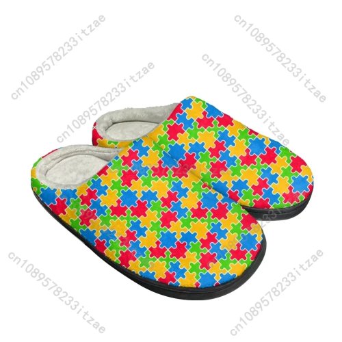 Chinelos de Algodão Personalizados para Homem, Mulher e Adolescente - Consciência do Autismo, Pelúcia, Quentes e Confortáveis - Sapatos de Casa Térmicos