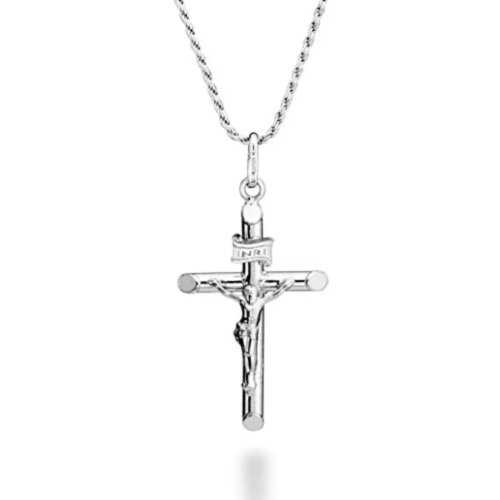 Miabella Collar con Cruz, Plata de Ley 925 bañada en rodio, cadena tipo cuerda, Unisex — Hecho en Italia
