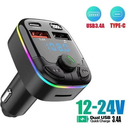 Autolader FM-zender Bluetooth 5.0 PD Type-C Dual USB, Handsfree MP3-speler met Omgevingslicht, Draadloze Autokit