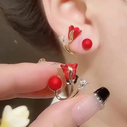 レディース 925シルバー 赤いチューリップ スタッドピアス — バックハングの黒アクセント付き、トレンドな高級感