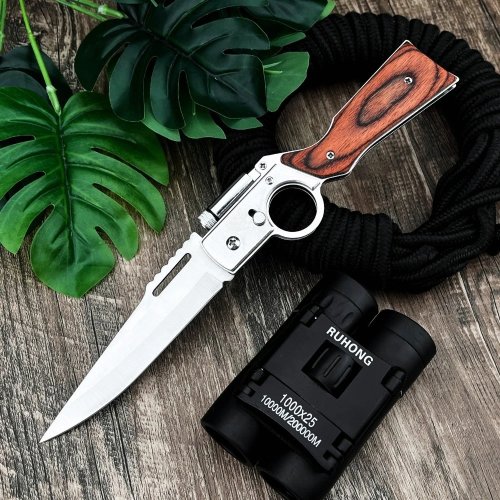 Navaja plegable multifuncional con luz LED, hoja 5Cr13Mov, mango de madera y clip de bolsillo — herramienta portátil para camping y senderismo