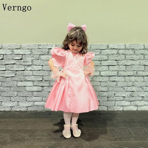Verngo Рожева сукня для дівчинки з перлинами — Короткий рукав, А-силует у стилі принцеси з квітами, можливе індивідуальне замовлення
