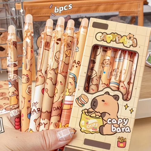 ชุด 6 ปากกาเจลลบได้ ลายคาปีบารา หัว 0.5 มม. แบบกด หมึกแห้งเร็ว เขียนลื่น — 6 สี สำหรับเรียนและสำนักงาน