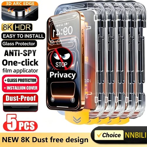 NNBILI 5-Pack Dust-Free Installation Privacy Screen Protector for iPhone 17 Pro Max / 16 / 15 / 14 / 13 / 12 / 11 Pro / 17e / 16e Anti-Spy Glass