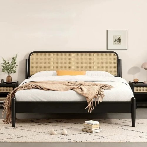 Cama moderna nórdica tamaño Queen/King con cabecero de ratán y estructura de madera maciza negra - Mueble de dormitorio para hotel y hogar