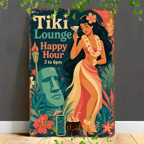 Retro-Blechschild 2D 'Tiki Lounge - Happy Hour' – Metallplakette als Deko für Zuhause, Garage, Café, Bar & Garten