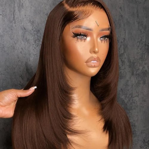 34 Inch Chocolate Brown Bone Straight Human Hair Wig, 250 Density, 13x4 HD Transparent Lace Frontal Wig, Pre-Plucked
