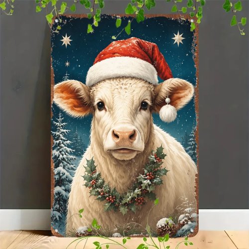 Cartel de hojalata retro 2D 'Vaca de Navidad' — Letrero vintage para casa, cochera, café, bar y jardín