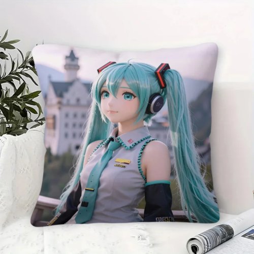 Cojín decorativo Hatsune Miku con Castillo Neuschwanstein y relleno — Almohada anime para habitación gamer, dormitorio juvenil, sofá, regalo para fans
