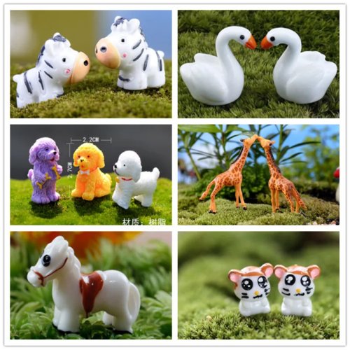 Miniature di animali — agnello, cigno, gallo, gallina — decorazioni per giardino delle fate