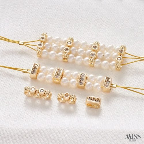 Pulsera de perlas bañada en oro 14K con circonita y flor de ciruelo, anti-deslustre, 2 o 3 filas — personalizable (DIY)