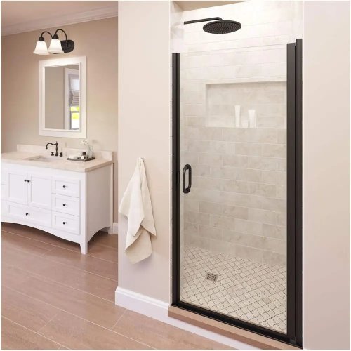 Pintu shower semi-frameless 84–86 cm, kaca tempered bening, finishing oil‑rubbed bronze