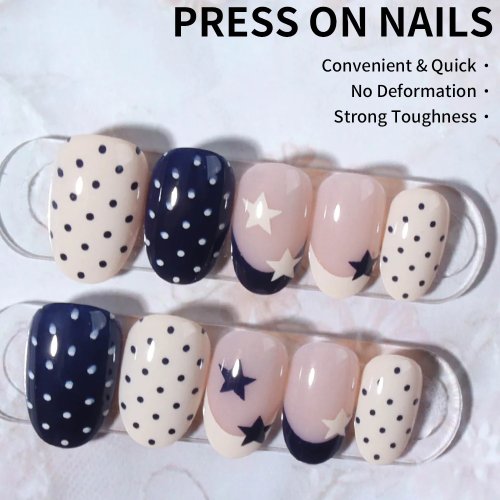 Korte Ronde Press-On Nagels - Marineblauw Wit Stippen Ster French Tip Ontwerp, Glanzend Full Cover Nepnagels, Y2K Schattige Dagelijkse Manicure Accessoires